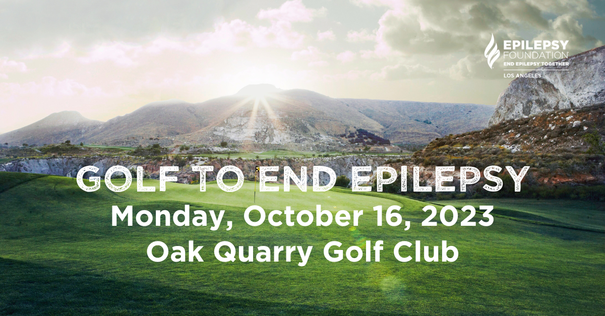 Photo of sun at golf course with EFLA logo on the top right; Text: Golf to End Epilepsy; Monday, October 16, 2023; Oak Quarry Golf Club