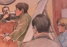 A courtroom sketch of the first ADA case.